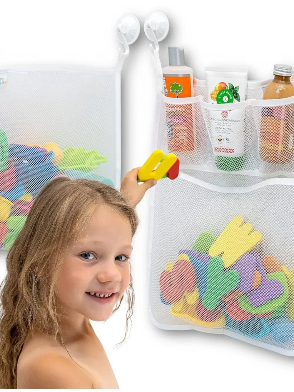 2 x Mesh Bath Toy Organizer + 8 Ultra Strong Hooks – The Perfect Bathtub Toy Hol